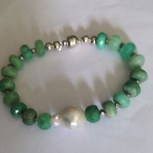 Amazonite  Gemstone & Pearl Beaded Bracelet, 7 1/2 Inches Magnetic Clasp, New